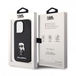 KARL LAGERFELD Maska za iPhone 15 Pro IKONIK FIXED GLITTER IKONIK LOGO METAL PIN BLACK