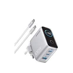 ANKER 100W GaN zidni brzi punjač, 3-porta (2x USB-C i 1x USB-A) sa USB-C M/M pletenim kablom, srebrni