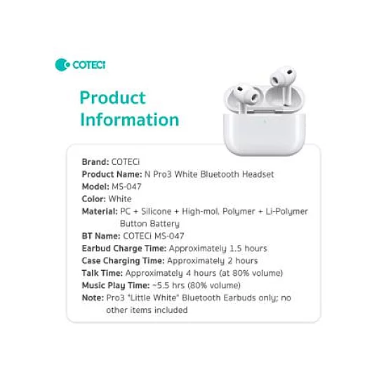 3G Bluetooth slušalice Coteci Smart Pods Pro 3 bele