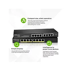 Zyxel GS1915-8EP,PoE 8portGbESmart Switch,60W 802.3at, desk