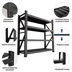 EPRO Metalna montažna polica Professional 200x200x60cm, metal-metal, 1.200kg (4x300kg) crna