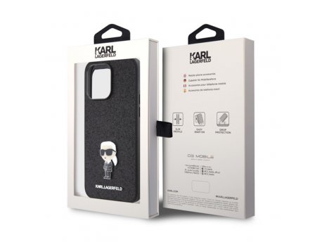 KARL LAGERFELD Maska za iPhone 15 Pro Max IKONIK FIXED GLITTER IKONIK LOGO METAL PIN BLACK